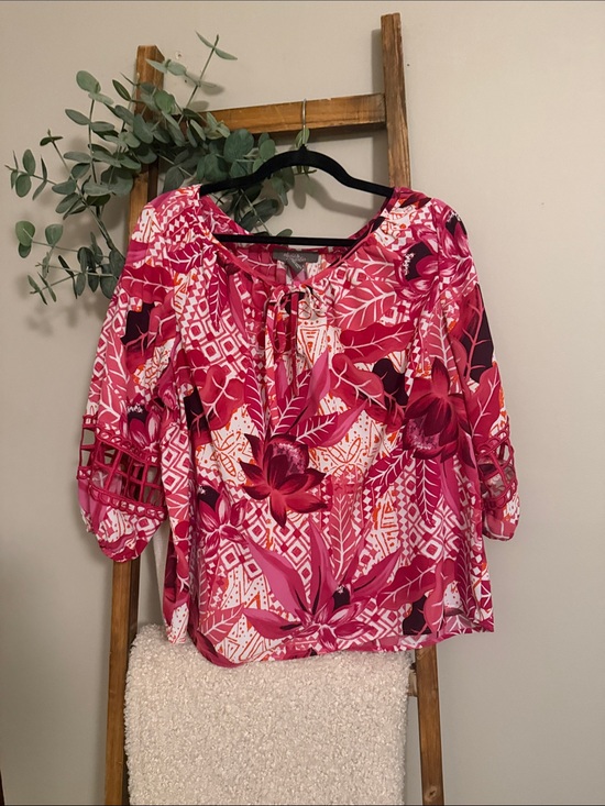 Olivia & Martin Tops - Women’s Pink Floral Tie-Neck Blouse